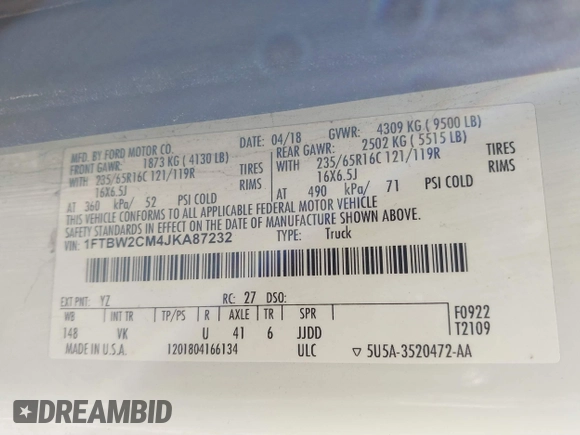 2018 Ford Transit with VIN 1FTBW2CM4JKA87232, listed as a IAAI auction lot 41660178 with 85,071 mi miles and . Bid and sale history available at DreamBid. Image 9.