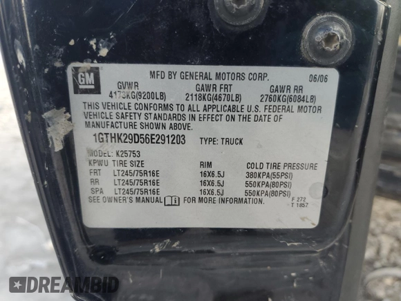 2006 GMC Sierra 2500HD SLT with VIN 1GTHK29D56E291203, listed as a Copart auction lot 43912665 with Not provided miles and Salvage title. Bid and sale history available at DreamBid. Image 15.