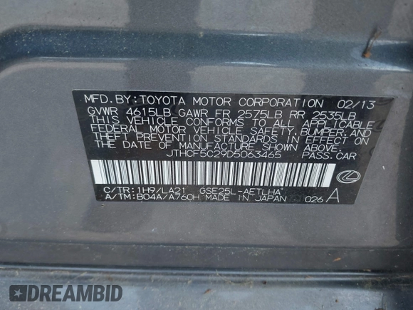 2013 Lexus IS 250 with VIN JTHCF5C29D5063465, listed as a IAAI auction lot 42513401 with Not provided miles and . Bid and sale history available at DreamBid. Image 9.