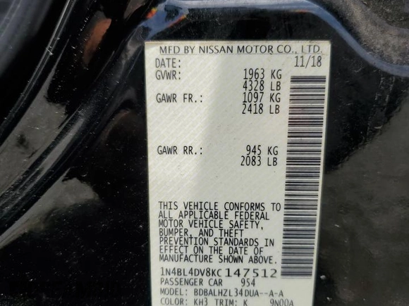 2019 Nissan Altima SV with VIN 1N4BL4DV8KC147512, listed as a Copart auction lot 57482725 with 109,300 mi miles and Salvage title. Bid and sale history available at DreamBid. Image 12.
