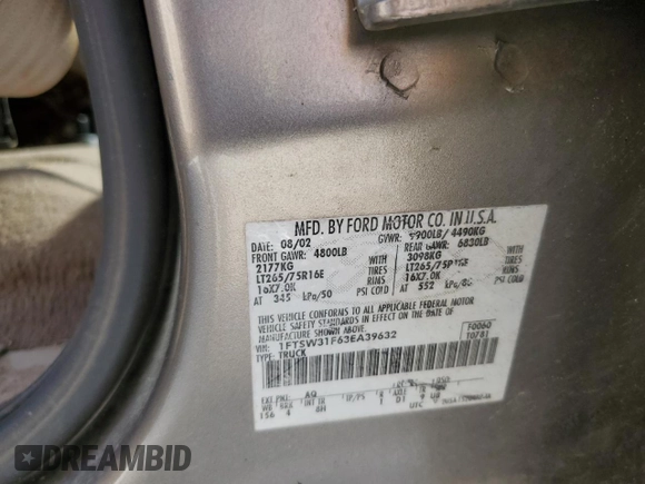 2003 Ford F-350 XL with VIN 1FTSW31F63EA39632, listed as a Copart auction lot 52947705 with 372,288 mi miles and Salvage title. Bid and sale history available at DreamBid. Image 12.