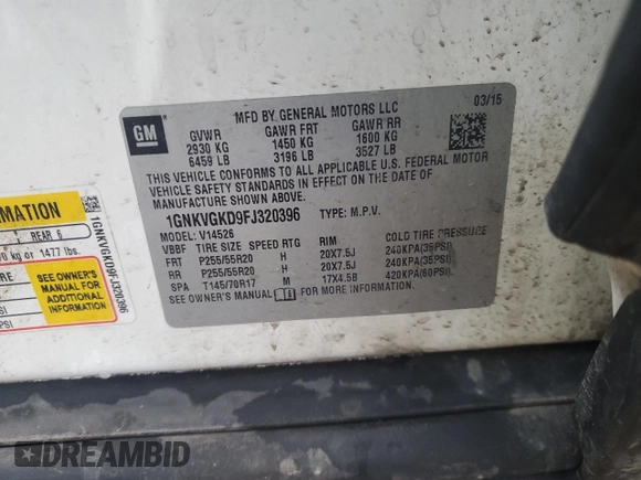 2015 Chevrolet Traverse LT with VIN 1GNKVGKD9FJ320396, listed as a Copart auction lot 47625445 with 201,747 mi miles and Salvage Title. Bid and sale history available at DreamBid. Image 13.
