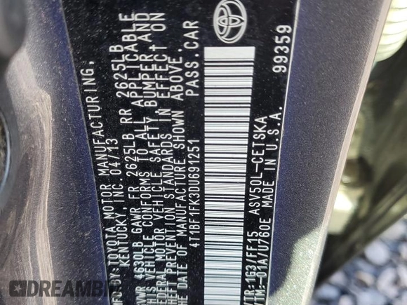 2013 Toyota Camry L with VIN 4T1BF1FK3DU691251, listed as a Copart auction lot 85481704 with 176,501 mi miles and Salvage Title. Bid and sale history available at DreamBid. Image 12.