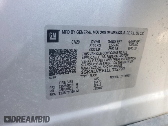 2020 GMC Terrain SLT with VIN 3GKALVEV1LL312790, listed as a Copart auction lot 61825055 with 135,858 mi miles and Salvage title. Bid and sale history available at DreamBid. Image 13.