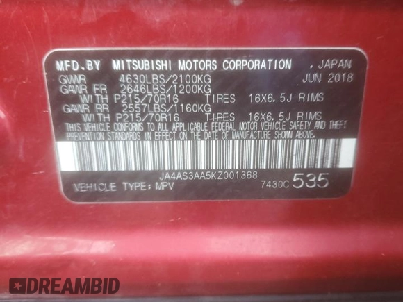 2019 Mitsubishi Eclipse Cross ES with VIN JA4AS3AA5KZ001368, listed as a Copart auction lot 43720045 with 85,458 mi miles and Salvage title. Bid and sale history available at DreamBid. Image 14.