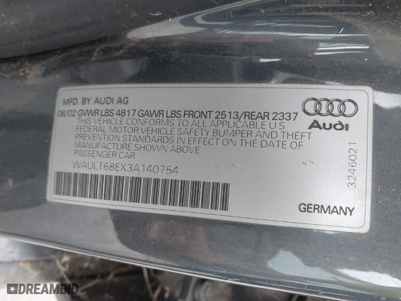 2003 Audi A4 3.0L with VIN WAULT68EX3A140754, listed as a IAAI auction lot 41899449 with 73,368 mi miles. Bid and sale history available at carsss.com. Image 9.