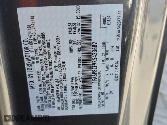 2024 Ford Mustang GT with VIN 1FA6P8CF9R5433682, listed as a Copart auction lot 44315325 with 1,574 mi miles and Salvage Title. Bid and sale history available at DreamBid. Image 14.