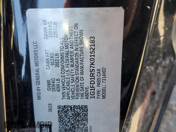 2019 Chevrolet Camaro 2LT with VIN 1G1FD1RS7K0152183, listed as a Copart auction lot 81928274 with 71,937 mi miles and Salvage Title. Bid and sale history available at carsss.com. Image 15.