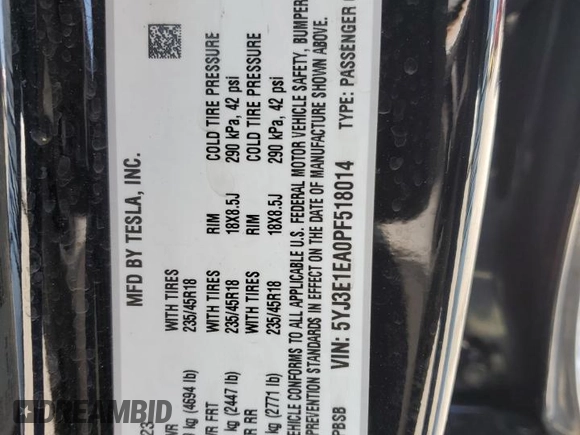 2023 Tesla Model 3 z VIN 5YJ3E1EA0PF518014, wystawiony jako Copart lot #58832535 z przebiegiem 60 474 mil mil oraz Szkoda całkowita • Salvage title. Historia ofert i sprzedaży dostępna na DreamBid. Obrazek 12.