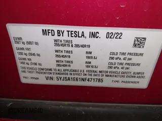 2022 Tesla Model S Plaid z VIN 5YJSA1E61NF471785, wystawiony jako IAAI lot #42208101 z przebiegiem Nie podano mil oraz . Historia ofert i sprzedaży dostępna na DreamBid. Obrazek 9.
