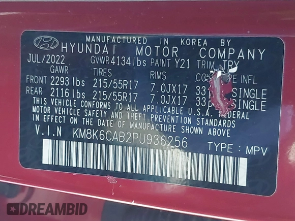 2023 Hyundai Kona SEL with VIN KM8K6CAB2PU936256, listed as a IAAI auction lot 41869839 with 37,170 mi miles. Bid and sale history available at carsss.com. Image 9.