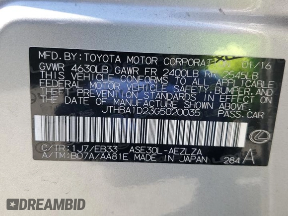 2016 Lexus IS 200t with VIN JTHBA1D23G5020035, listed as a Copart auction lot 55495915 with 118,816 mi miles and Salvage title. Bid and sale history available at DreamBid. Image 12.