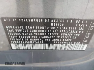 2012 Volkswagen Jetta SE with VIN 3VWBP7AJ3CM074662, listed as a IAAI auction lot 42282561 with 187,342 mi miles and . Bid and sale history available at DreamBid. Image 9.