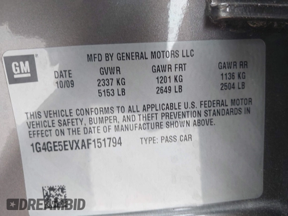 2010 Buick LaCrosse CXS with VIN 1G4GE5EVXAF151794, listed as a IAAI auction lot 42196933 with 84,075 mi miles and . Bid and sale history available at DreamBid. Image 9.