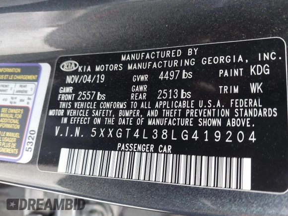 2020 Kia Optima LX with VIN 5XXGT4L38LG419204, listed as a IAAI auction lot 42130121 with 46,237 mi miles and . Bid and sale history available at carsss.com. Image 9.