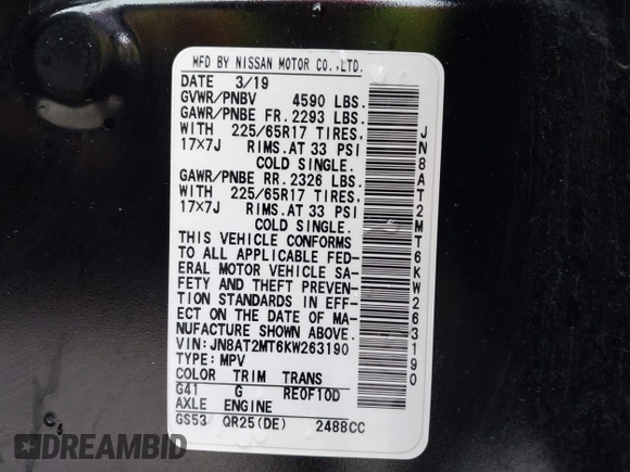 2019 Nissan Rogue SV с VIN JN8AT2MT6KW263190, выставлен на аукционе IAAI как лот 42186431 с пробегом 70 232 миль миль и . История ставок и продаж доступна на DreamBid. Изображение 9.