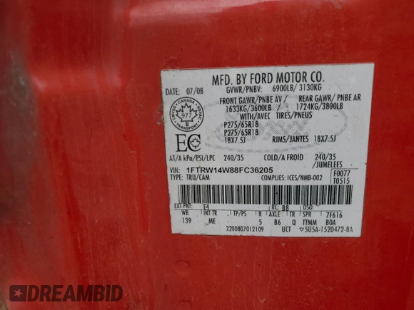 2008 Ford F-150 XL с VIN 1FTRW14W88FC36205, выставлен на аукционе Copart как лот 53894825 с пробегом 254 447 миль миль и Чистый • Clean title. История ставок и продаж доступна на DreamBid. Изображение 12.