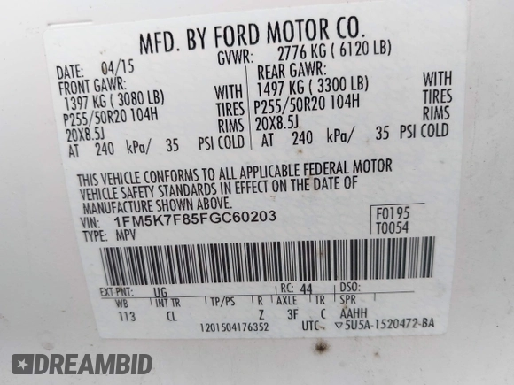 2015 Ford Explorer Limited with VIN 1FM5K7F85FGC60203, listed as a IAAI auction lot 41910664 with 111,100 mi miles and . Bid and sale history available at carsss.com. Image 9.