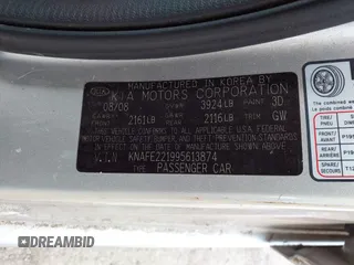 2009 Kia Spectra EX with VIN KNAFE221995613874, listed as a IAAI auction lot 42467453 with 104,158 mi miles and . Bid and sale history available at DreamBid. Image 9.