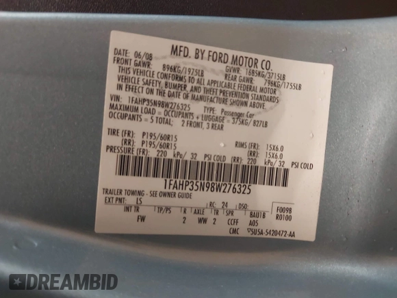 2008 Ford Focus SE with VIN 1FAHP35N98W276325, listed as a IAAI auction lot 42010348 with 47,278 mi miles. Bid and sale history available at carsss.com. Image 9.