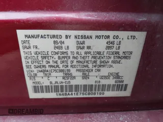 2005 Nissan Maxima 3.5 SL with VIN 1N4BA41E75C808199, listed as a IAAI auction lot 41287107 with 845,005 mi miles. Bid and sale history available at carsss.com. Image 9.
