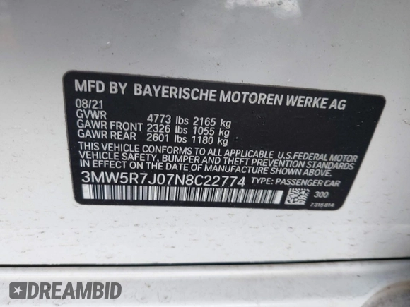 2022 BMW 3 Series 330i xDrive with VIN 3MW5R7J07N8C22774, listed as a IAAI auction lot 41649369 with 22,956 mi miles. Bid and sale history available at carsss.com. Image 9.