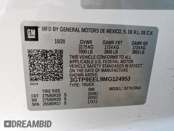 2021 GMC Sierra 1500 AT4 with VIN 3GTP9EEL9MG124953, listed as a Copart auction lot 57510725 with 64,609 mi miles and Salvage title. Bid and sale history available at DreamBid. Image 13.