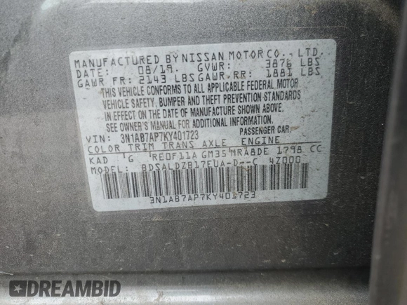 2019 Nissan Sentra SV with VIN 3N1AB7AP7KY401723, listed as a Copart auction lot 48760795 with Not Provided miles and Salvage Title. Bid and sale history available at DreamBid. Image 13.