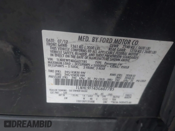 2013 Lincoln MKS EcoBoost with VIN 1LNHL9FT4DG607785, listed as a IAAI auction lot 42279833 with 126,548 mi miles and . Bid and sale history available at DreamBid. Image 9.