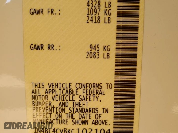 2019 Nissan Altima SR with VIN 1N4BL4CV8KC102104, listed as a Copart auction lot 51347295 with 54,444 mi miles and Salvage Title. Bid and sale history available at DreamBid. Image 12.