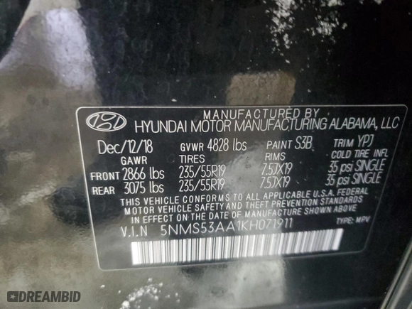 2019 Hyundai Santa Fe Limited with VIN 5NMS53AA1KH071911, listed as a Copart auction lot 88860245 with 95,578 mi miles and Salvage Title. Bid and sale history available at carsss.com. Image 14.