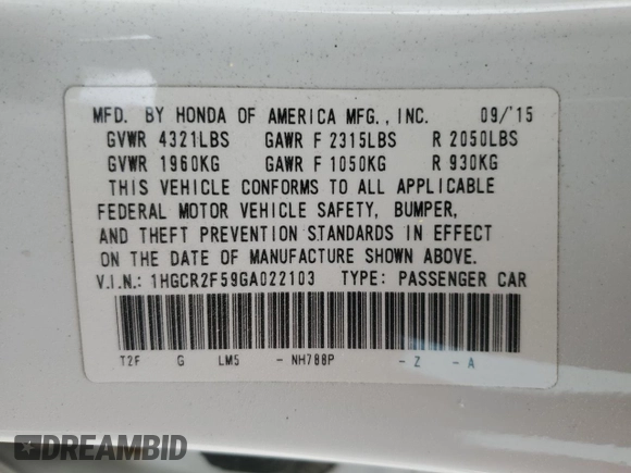 2016 Honda Accord Sport с VIN 1HGCR2F59GA022103, выставлен на аукционе Copart как лот 51843675 с пробегом 107 411 миль миль и Списание • Salvage title. История ставок и продаж доступна на DreamBid. Изображение 15.
