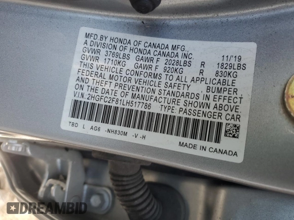 2020 Honda Civic Sedan Sport with VIN 2HGFC2F81LH517786, listed as a Copart auction lot 50638995 with 83,761 mi miles and Salvage Title. Bid and sale history available at carsss.com. Image 14.