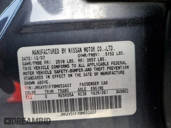2008 Infiniti M with VIN JNKAY01F78M652407, listed as a Copart auction lot 46091325 with 135,794 mi miles and Clean Title. Bid and sale history available at DreamBid. Image 12.