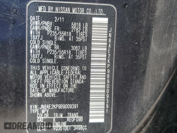 2011 Nissan Quest S with VIN JN8AE2KP9B9009391, listed as a Copart auction lot 71608444 with 87,421 mi miles and Salvage Title. Bid and sale history available at carsss.com. Image 13.