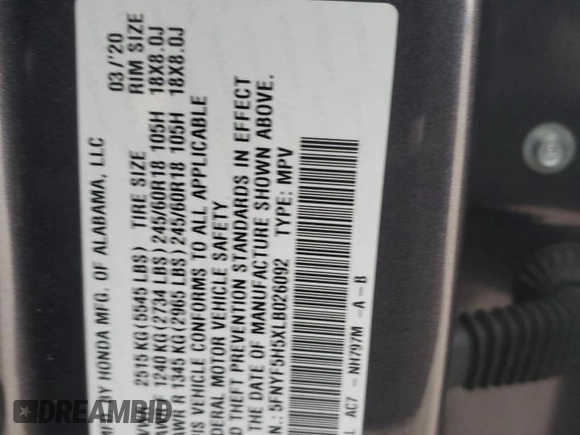 2020 Honda Pilot EX-L with VIN 5FNYF5H5XLB026092, listed as a Copart auction lot 48513935 with 69,540 mi miles and Salvage title. Bid and sale history available at DreamBid. Image 15.