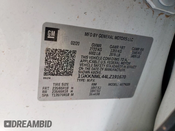 2020 GMC Acadia SLT with VIN 1GKKNML44LZ191670, listed as a Copart auction lot 60673365 with 101,347 mi miles and Clean title. Bid and sale history available at DreamBid. Image 13.