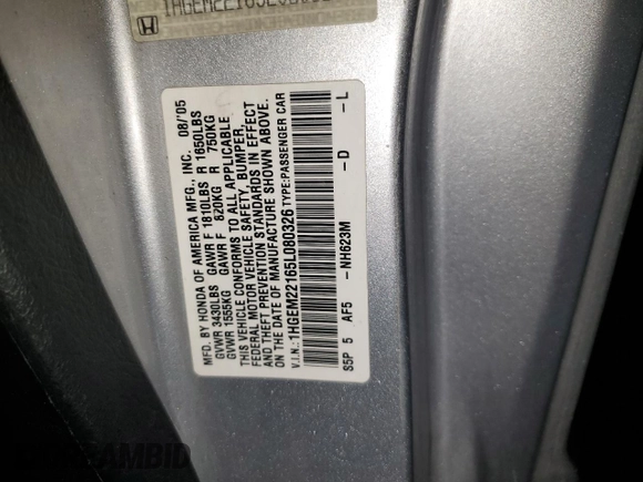 2005 Honda Civic VP z VIN 1HGEM22165L080326, wystawiony jako Copart lot #86413224 z przebiegiem 152 425 mil mil oraz Nie do naprawy • Non repairable. Historia ofert i sprzedaży dostępna na DreamBid. Obrazek 12.