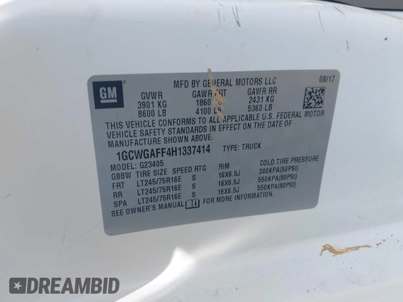 2017 Chevrolet Express Cargo with VIN 1GCWGAFF4H1337414, listed as a IAAI auction lot 42581060 with 196,182 mi miles and . Bid and sale history available at DreamBid. Image 9.