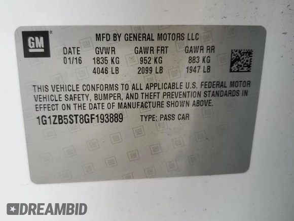 2016 Chevrolet Malibu LS with VIN 1G1ZB5ST8GF193889, listed as a Copart auction lot 60373445 with 134,821 mi miles and Salvage title. Bid and sale history available at DreamBid. Image 12.