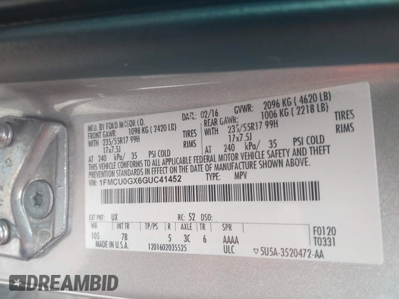 2016 Ford Escape SE with VIN 1FMCU0GX6GUC41452, listed as a IAAI auction lot 39369447 with 235,434 mi miles and . Bid and sale history available at carsss.com. Image 9.