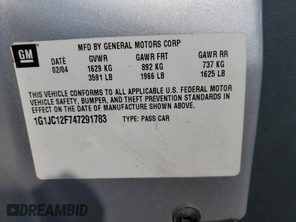 2004 Chevrolet Cavalier z VIN 1G1JC12F747291783, wystawiony jako Copart lot #59268375 z przebiegiem 82 558 mil mil oraz Czysty tytuł • Clean title. Historia ofert i sprzedaży dostępna na DreamBid. Obrazek 12.