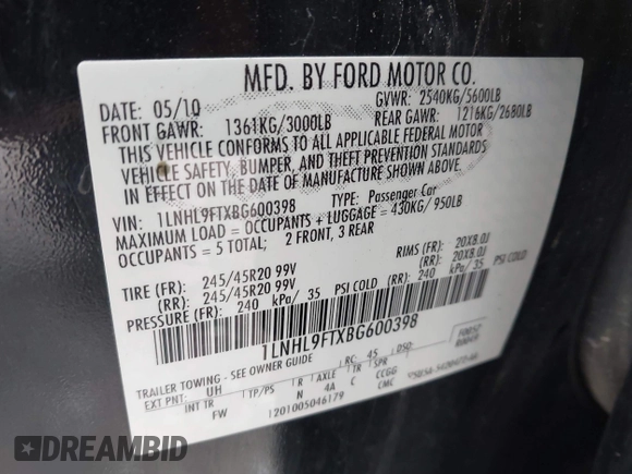 2011 Lincoln MKS EcoBoost with VIN 1LNHL9FTXBG600398, listed as a IAAI auction lot 42047512 with 114,274 mi miles and . Bid and sale history available at DreamBid. Image 9.