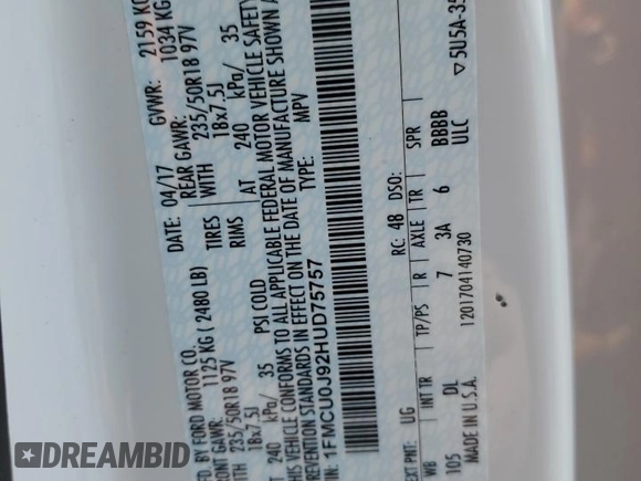 2017 Ford Escape Titanium with VIN 1FMCU0J92HUD75757, listed as a Copart auction lot 51003895 with 119,143 mi miles and Salvage Title. Bid and sale history available at DreamBid. Image 15.