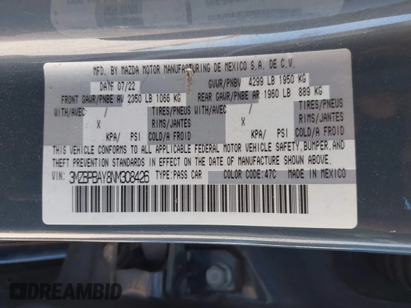 2022 Mazda 3 2.5 Turbo z VIN 3MZBPBAY8NM308426, wystawiony jako IAAI lot #41808563 z przebiegiem 44 693 mil mil oraz . Historia ofert i sprzedaży dostępna na DreamBid. Obrazek 9.