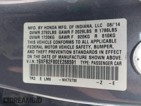 2014 Honda Civic Sedan EX with VIN 19XFB2F80EE268591, listed as a IAAI auction lot 41914223 with 1 mi miles. Bid and sale history available at carsss.com. Image 9.