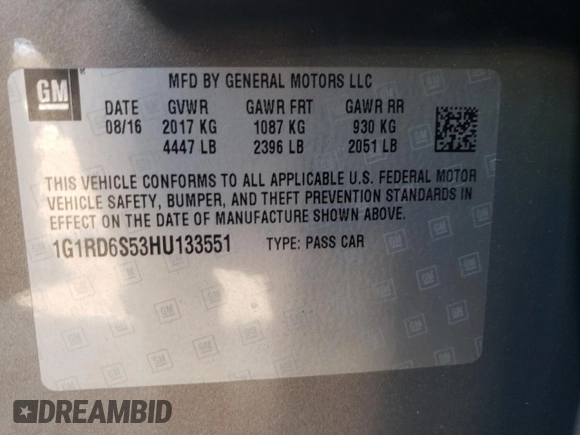 2017 Chevrolet Volt Premier with VIN 1G1RD6S53HU133551, listed as a Copart auction lot 40581023 with 60,230 mi miles. Bid and sale history available at carsss.com. Image 13.
