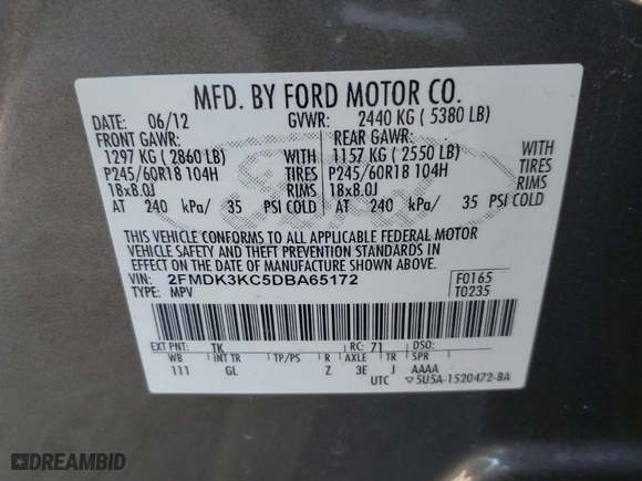 2013 Ford Edge Limited with VIN 2FMDK3KC5DBA65172, listed as a IAAI auction lot 41621503 with 166,085 mi miles. Bid and sale history available at carsss.com. Image 9.