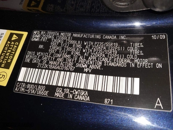 2010 Lexus RX 350 with VIN 2T2ZK1BA6AC016767, listed as a IAAI auction lot 41910294 with 125,027 mi miles. Bid and sale history available at carsss.com. Image 9.
