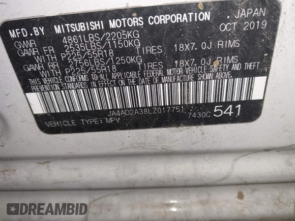 2020 Mitsubishi Outlander ES with VIN JA4AD2A38LZ017751, listed as a IAAI auction lot 41861606 with 116,669 mi miles. Bid and sale history available at carsss.com. Image 9.